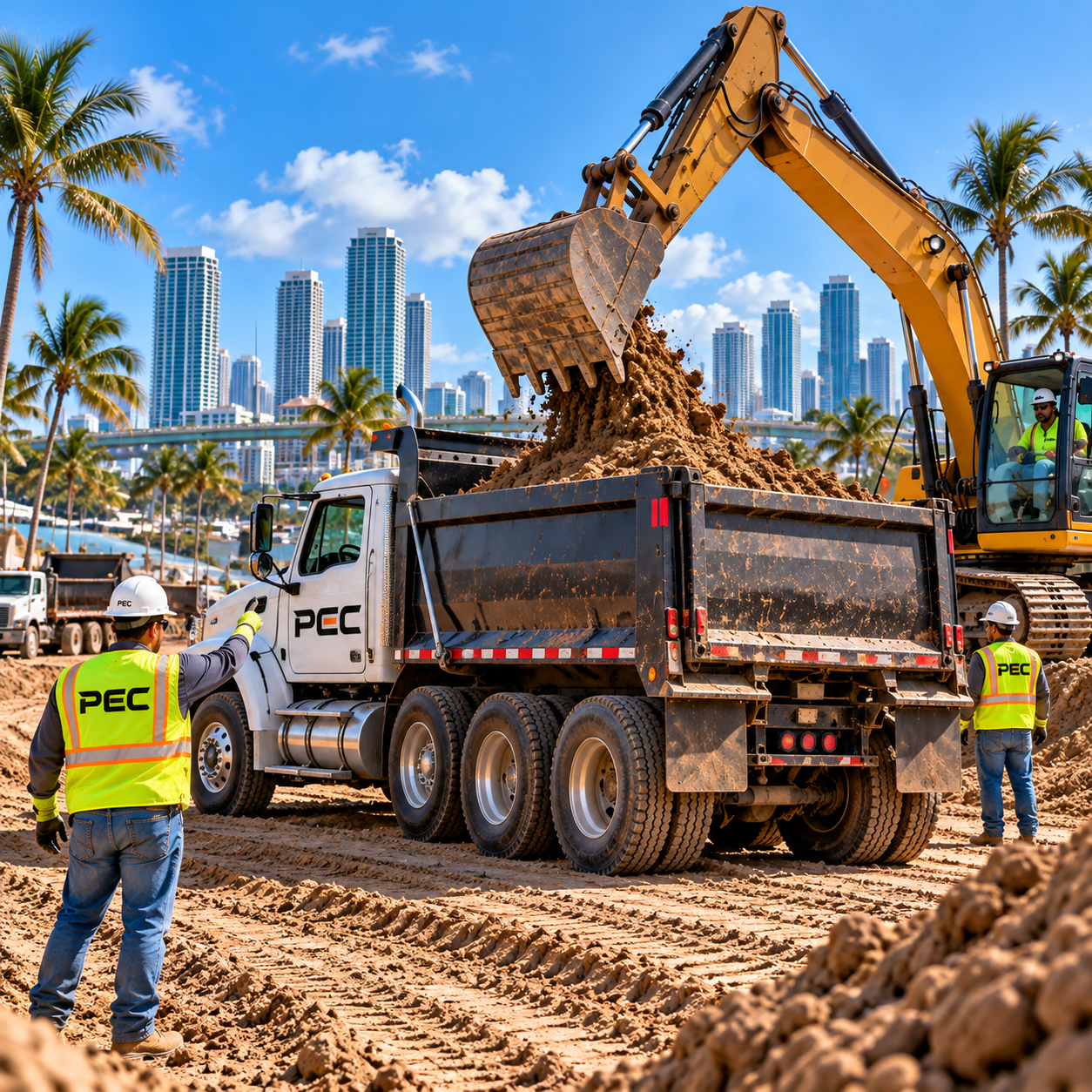 PEC excavator loading fill into a dump truck on a Miami-Dade site development project.